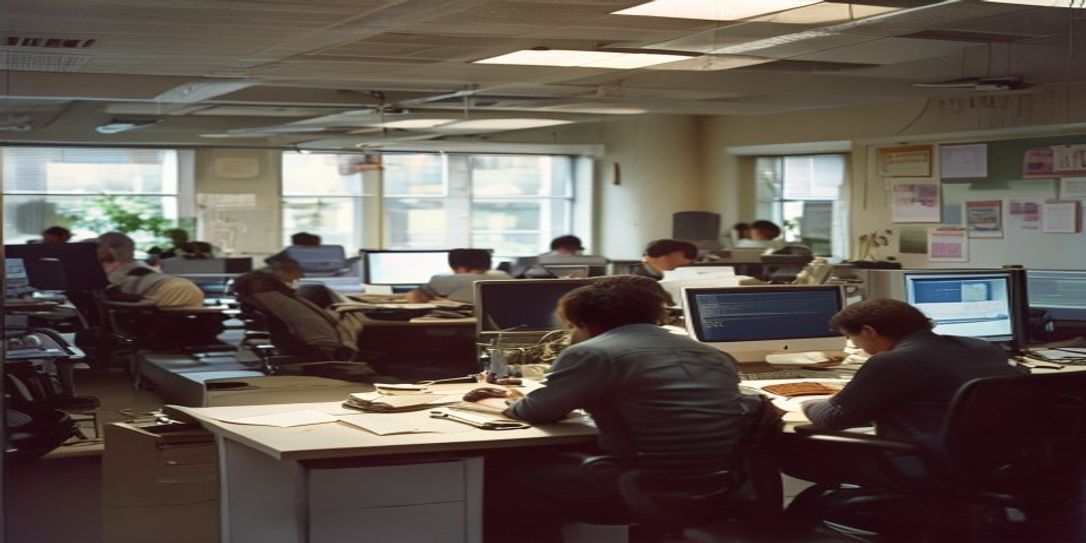 A raw documentary 35mm photo of a real office with workers collaborating and using computers, with authentic lighting and a natural atmosphere