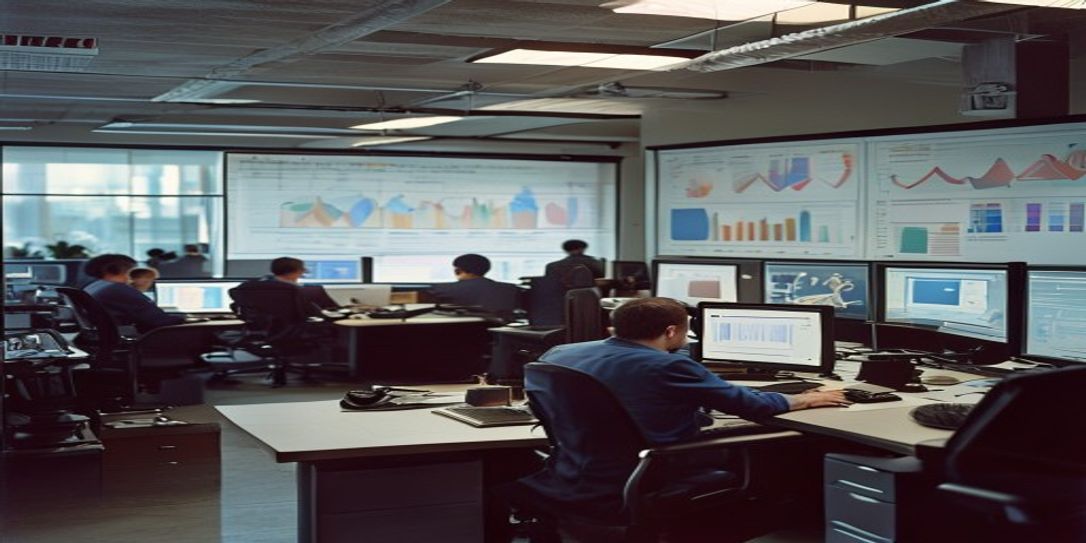 A raw documentary 35mm photo of a real office with workers using computers and a large screen displaying business process optimization charts and graphs with authentic lighting