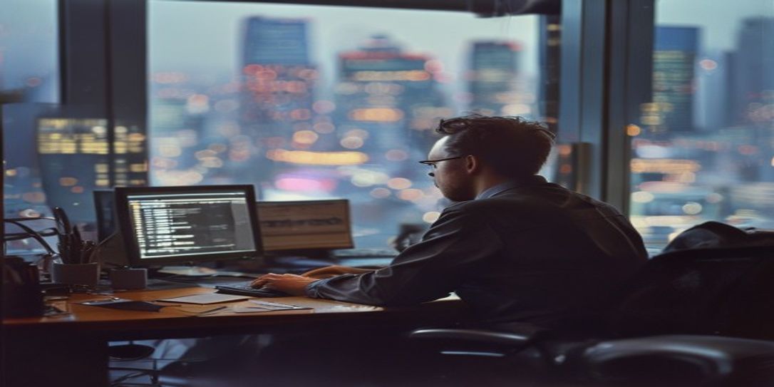A raw documentary 35mm photo of a finance professional working on a computer with a cityscape in the background, authentic lighting, and a real office environment