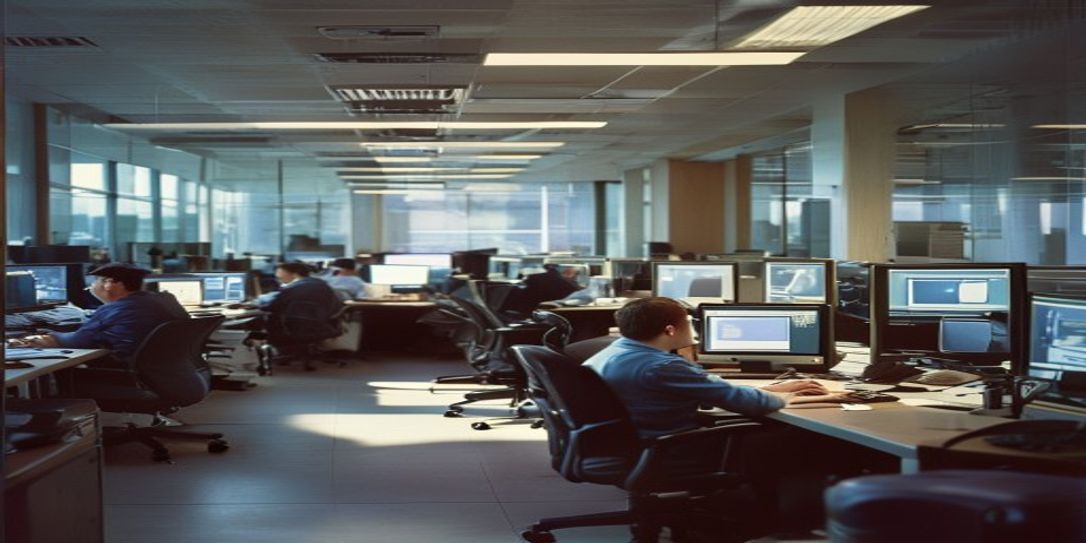 A raw documentary 35mm photo of a real financial office with workers using computers and automation software, authentic lighting, natural atmosphere, and a sense of modern workflow