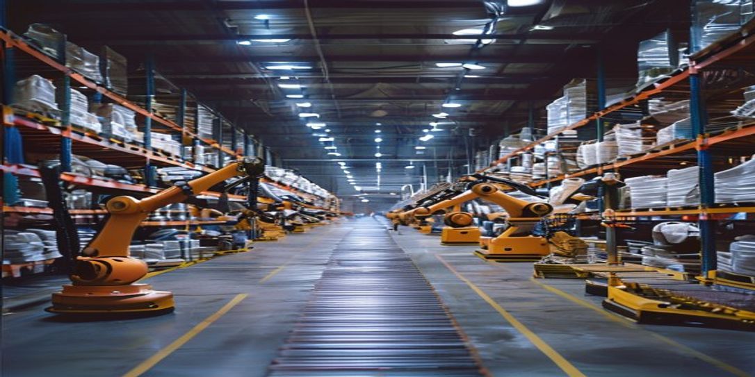 A raw documentary 35mm photo of a real warehouse with AI robotics warehouse automation, authentic lighting, and real workers, showcasing rows of shelves, conveyor belts, and robotic arms, with a sense of dynamic movement and futuristic innovation